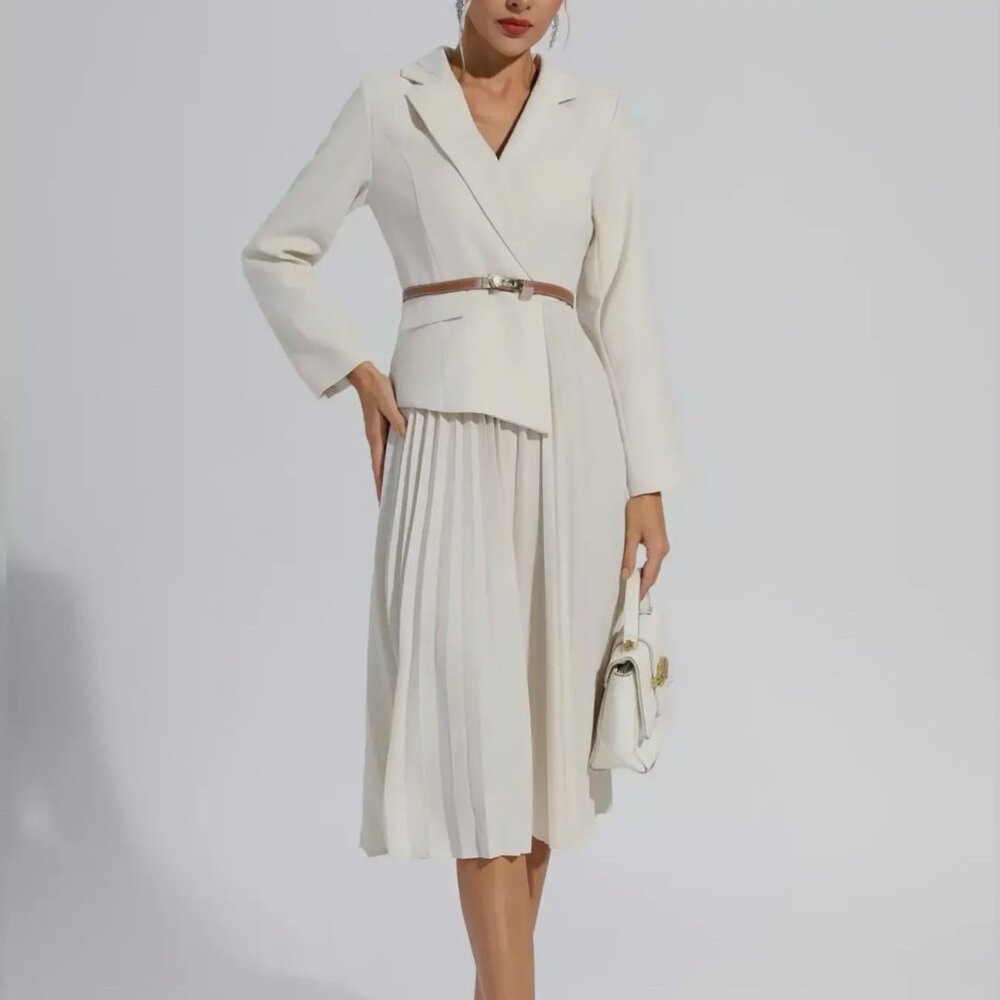 Dress Jacket Blazer Pleated Skirt Apricot SZ M/L Peak Label Belt Padded Shoulder